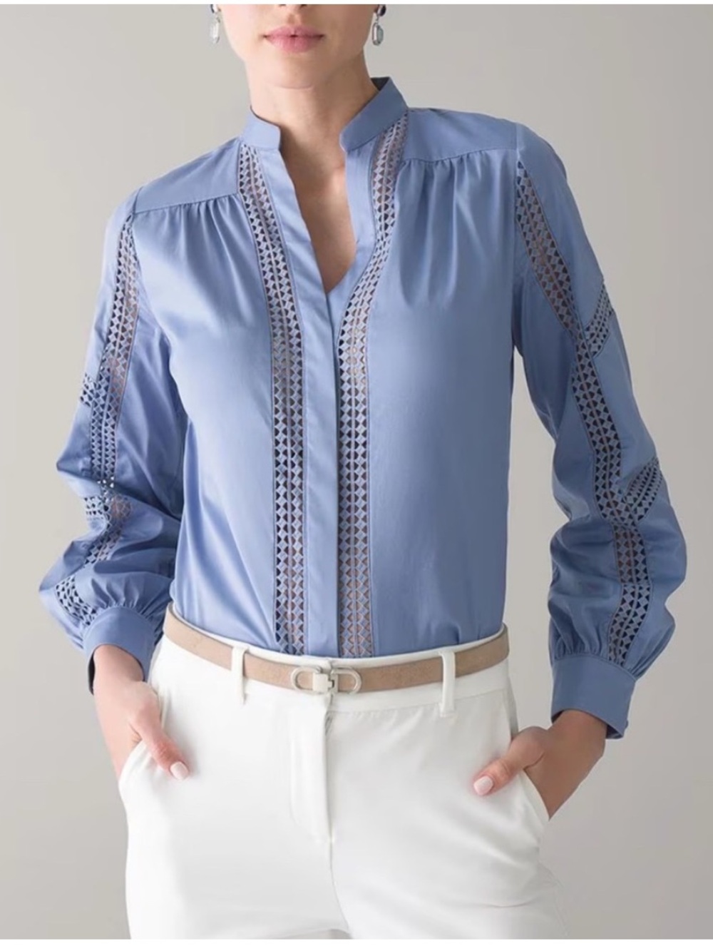 White House Black Market Embroidered Poplin Longsleeve Shirt L Large Slate Blue